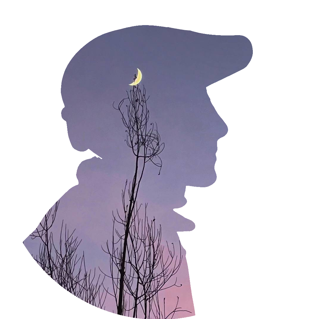 Luca Atella’s personal logo – silhouette profile with tree branches and crescent moon on a twilight background.